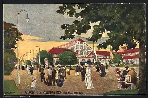 Künstler-AK München, Ausstellung München 1908, Platz und Halle I. und II.