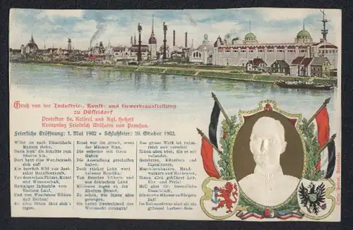 Künstler-AK Düsseldorf, Industrie-, Kunst- und Gewerbe.Ausstellung 1902, Blick zum Ausstellungsgelände