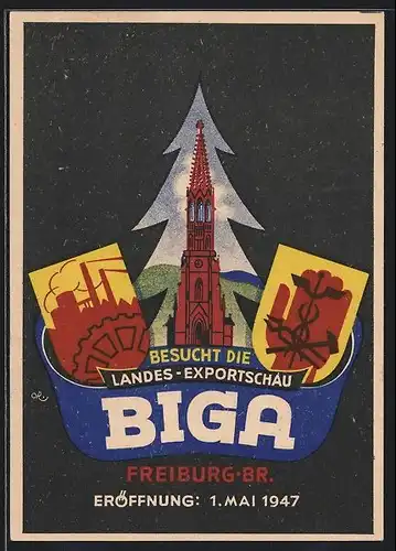 Künstler-AK Freiburg, Landes-Exportschau Biga 1947, Zahnrad, Kirche, Werkzeuge