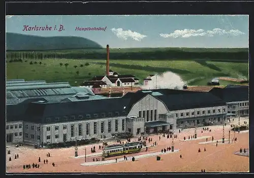 AK Karlsruhe i. B., Hauptbahnhof mit Strassenbahn