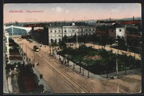 AK Chemnitz, Hauptbahnhof und Strassenbahn aus der Vogelschau