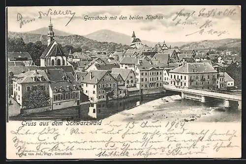 AK Gernsbach / Schwarzwald, Teilansicht mit den beiden Kirchen