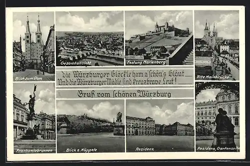 AK Würzburg, Blick zum Dom, Residenz, Alte Mainbrücke
