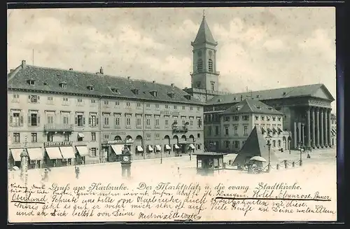 AK Karlsruhe, Marktplatz u. evang. Stadtkirche