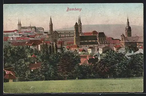 AK Bamberg, Blick von der Wiese auf die Stadt