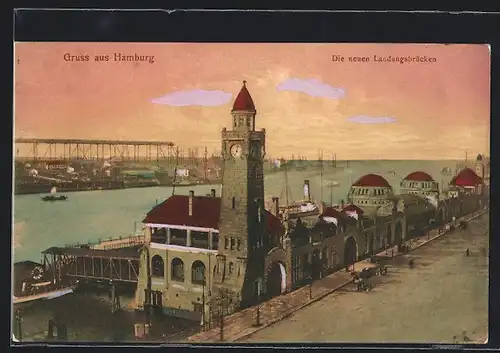 AK Hamburg-St.Pauli, Die neuen Landungsbrücken im Abendrot