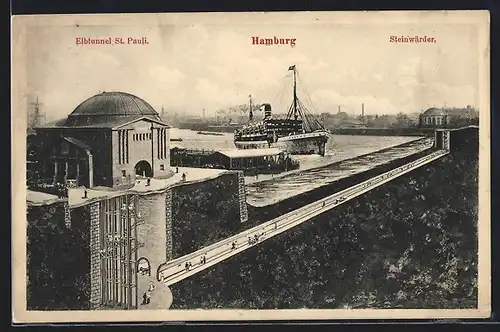 AK Hamburg-St. Pauli, Dampfer fährt über den Elbtunnel