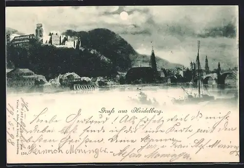 Mondschein-AK Heidelberg, Die Silhouette der Stadt im Mondlicht