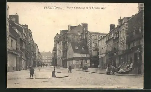 AK Flers, Place Gambetta et la Grande Rue