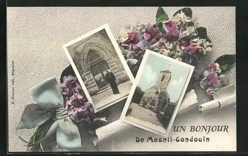 AK Mesnil-Gondouin, Kirche, Eingang, Passepartout mit Blumen