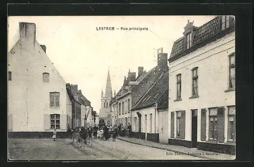 AK Lestrem, Rue principale, Hauptstrasse mit Blick zur Kirche
