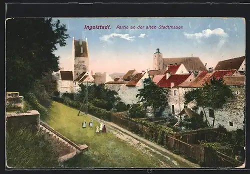 AK Ingolstadt, Partie an der Stadtmauer, mit Reichsflagge