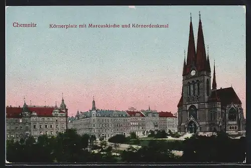 AK Chemnitz, Körnerplatz mit Marcuskirche und Körnerdenkmal
