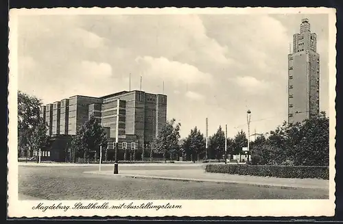 AK Magdeburg, Blick auf Stadthalle mit Ausstellungsturm