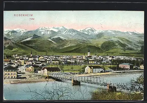 AK Rosenheim, Gesamtansicht mit Brücke und Kirchturm