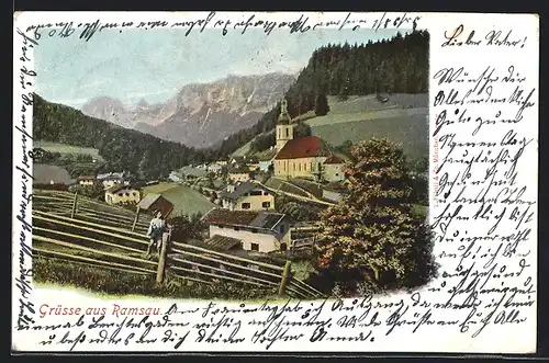 AK Ramsau, Ortspartie mit Bergen