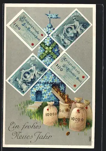 AK Windmühle aus Blumen und Geldscheinen füllt die Geldsäcke mit Münzen