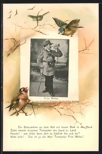 AK Fritz Melsa, Konzert-Trompeter-Künstler des deutschen Reiches im Passepartoutrahmen