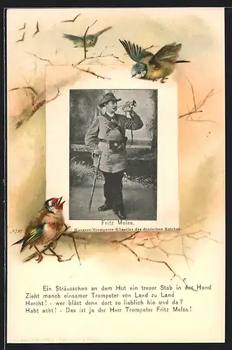 AK Fritz Melsa, Konzert-Trompeter-Künstler des deutschen Reiches im Passepartoutrahmen
