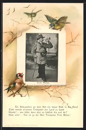 AK Fritz Melsa, Konzert-Trompeter-Künstler des deutschen Reiches im Passepartoutrahmen