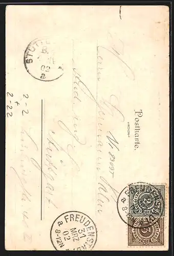 AK letzten württembergischen Briefmarken 1. April 1902, Zwerge mit Spielzeugzug & Adler mit Pickelhaube