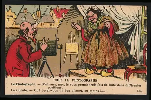 Künstler-AK Chez le Photographe, Fotograf und Kundin beim Posieren