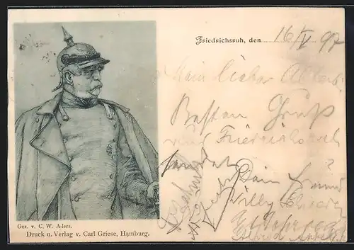 Künstler-AK Fürst von Bismarck in Uniform und mit Pickelhaube