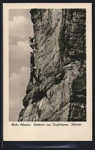 AK Bergsteiger am Teufelsturm in der Sächsischen Schweiz, Talseite