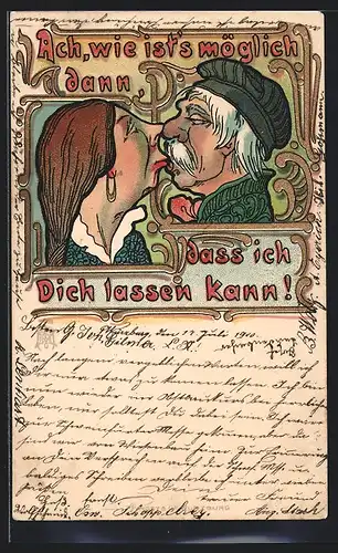Künstler-AK Ach wie ist`s möglich dann, dass ich Dich lassen kann, Paar küsst sich liebevoll