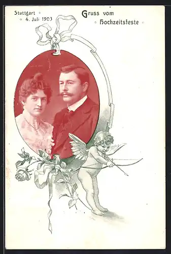 AK Stuttgart, Hochzeitsbild eines Paares, Hochzeit am 4. Juli 1903
