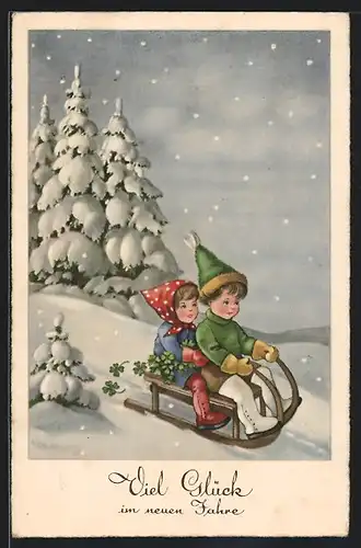 Künstler-AK Geschwisterpaar rodelt auf einem Schlitten und mit Kleeblättern durch den Schnee