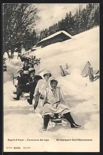 AK Schlittenrennen im Wald vor einer Hütte