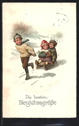 Künstler-AK Mädchen mit Muff und kleiner Junge werden auf dem Schlitten durch den Schnee gezogen