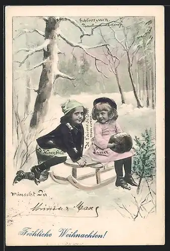 Künstler-AK Zwei hübsche Mädchen auf dem Schlitten im verschneiten Wald