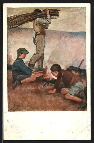 Künstler-AK Mann holt Holz um Feuer im Winter zu machen, Pro Juventute