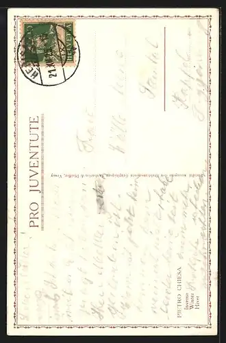 Künstler-AK Mann holt Holz um Feuer im Winter zu machen, Pro Juventute