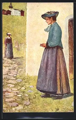 Künstler-AK Pro Juventute, Grimentz, Damen in Tracht an der Kirche von Francis Portier