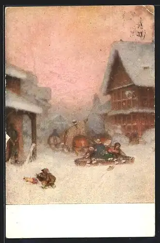 Künstler-AK Pfadschlitten im Toggenburg von E. Rittmeyer, Pro Juventute