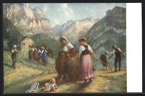 Künstler-AK E. Rittmeyer, Heuernte, Pro Juventute