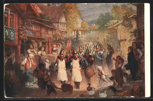 AK Pro Juventute, Soldaten durch ein St. Gallisches Dorf marschierend von E. Rittmeyer 1820-1904