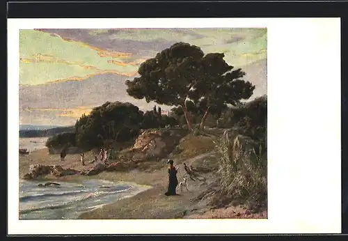 Künstler-AK Ernst Stückelberg, Spaziergang am Meer, Elegante Frau spaziert mit Hund, Pro Juventute