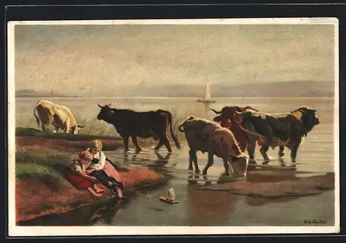 Künstler-AK Rudolf Koller, Vieh am See, Fünf Kühe erfrischen sich im See, Pro Juventute