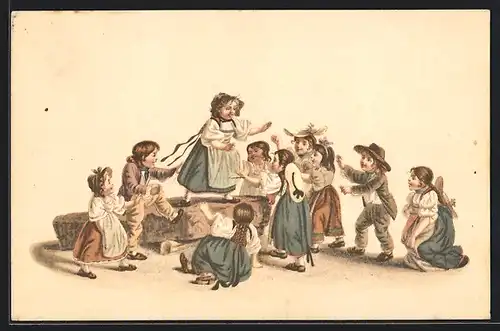 Künstler-AK Kindergruppe beim Tanzen, Pro Juventute