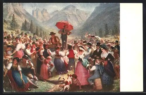 Künstler-AK E. Rittmeyer, Alpslubete auf Sol, Tanzfest mit Geiger, Pro Juventute