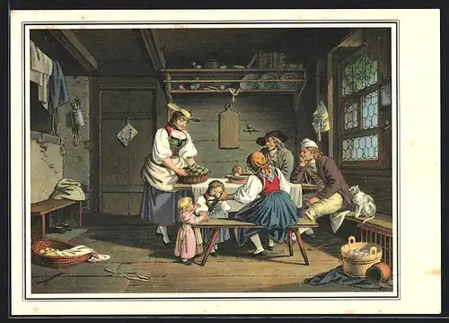 Künstler-AK Familie bei ländlicher Mahlzeit, Pro Juventute