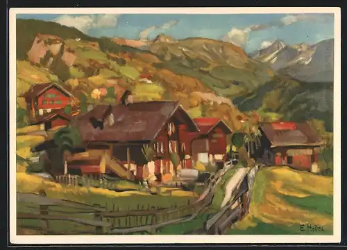 Künstler-AK Herbstlandschaft mit Bauernhäusern, Pro Juventute