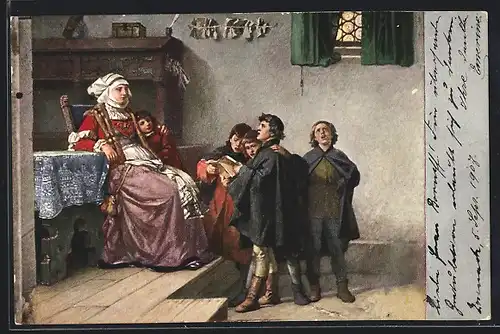 AK Wartburg, Reformationszimmer, Luther singt als Currende-Schüler bei Frau Cotta in Eisenach 1499
