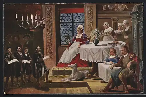 AK Martin Luther als Kurrendeschüler vor Frau Cotta singend