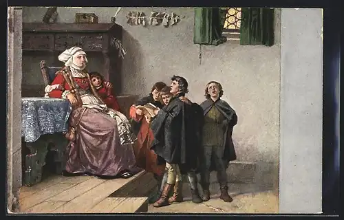 AK Wartburg, Reformationszimmer, Luther singt als Currende-Schüler bei Frau Cotta in Eisenach 1499