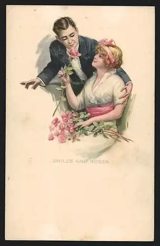 Künstler-AK Smiles and Roses, Liebespaar mit Rosenstrauss